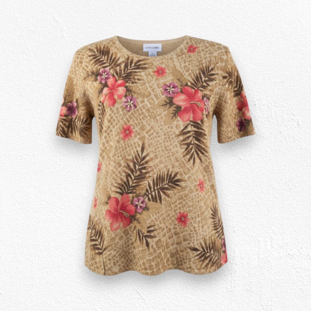 Y2K Alfred Dunner Beige Floral Tropical Embroidered Ramie Knit Top Size XL